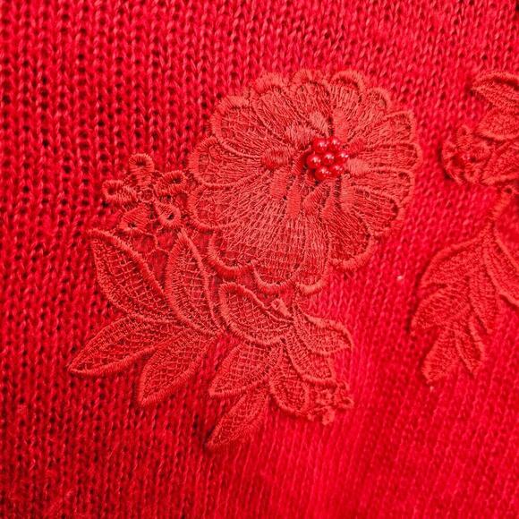 Vintage 80s Sweater Womens Medium Red Floral Lace Beaded Glam Knit Embellished - Picture 4 of 9